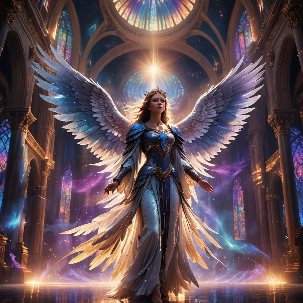 Majestic Angel in Cathedral with Aurora Borealis