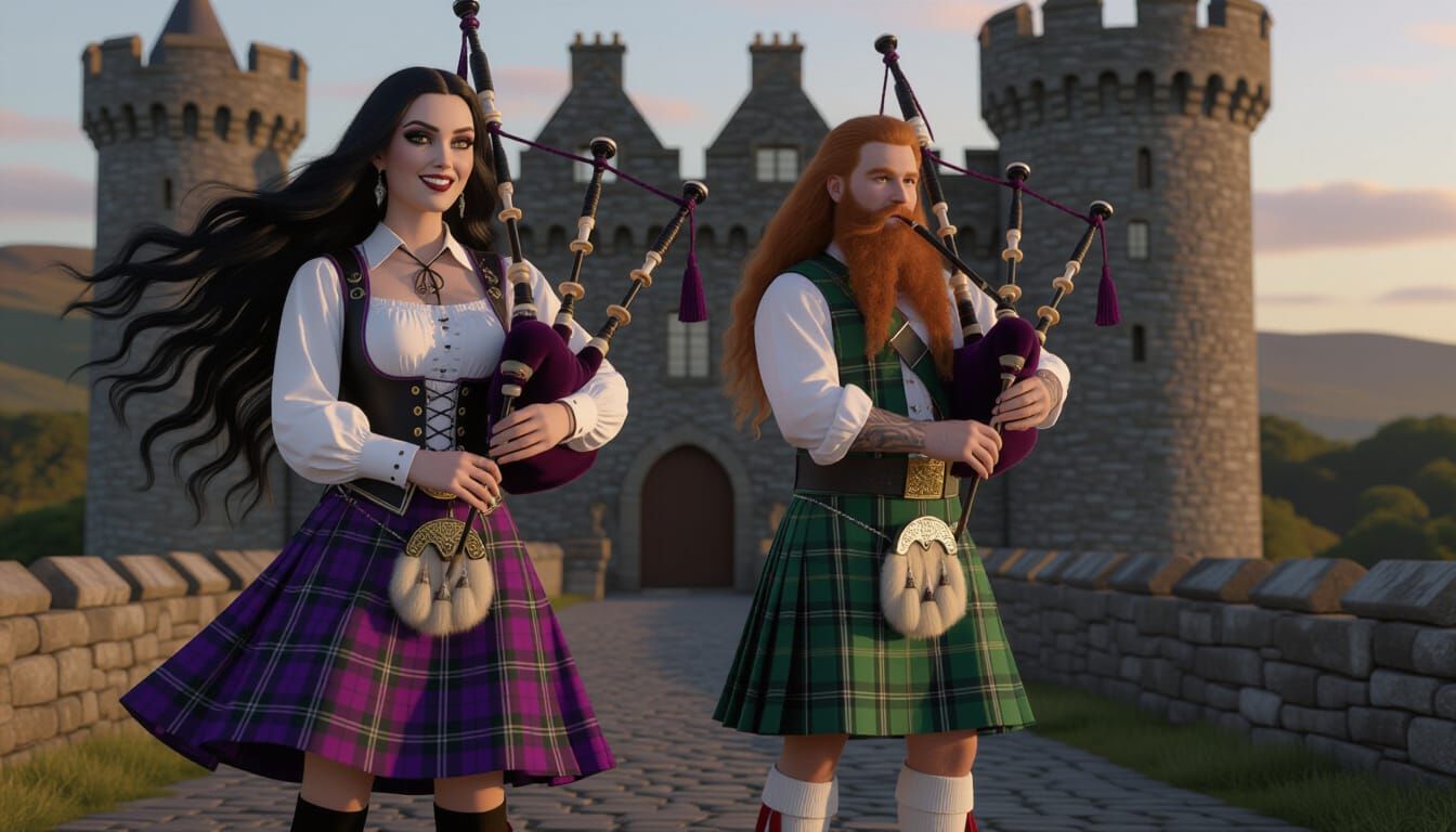 Gothic Vixen and Irish Bard Play Bagpipes at Castle