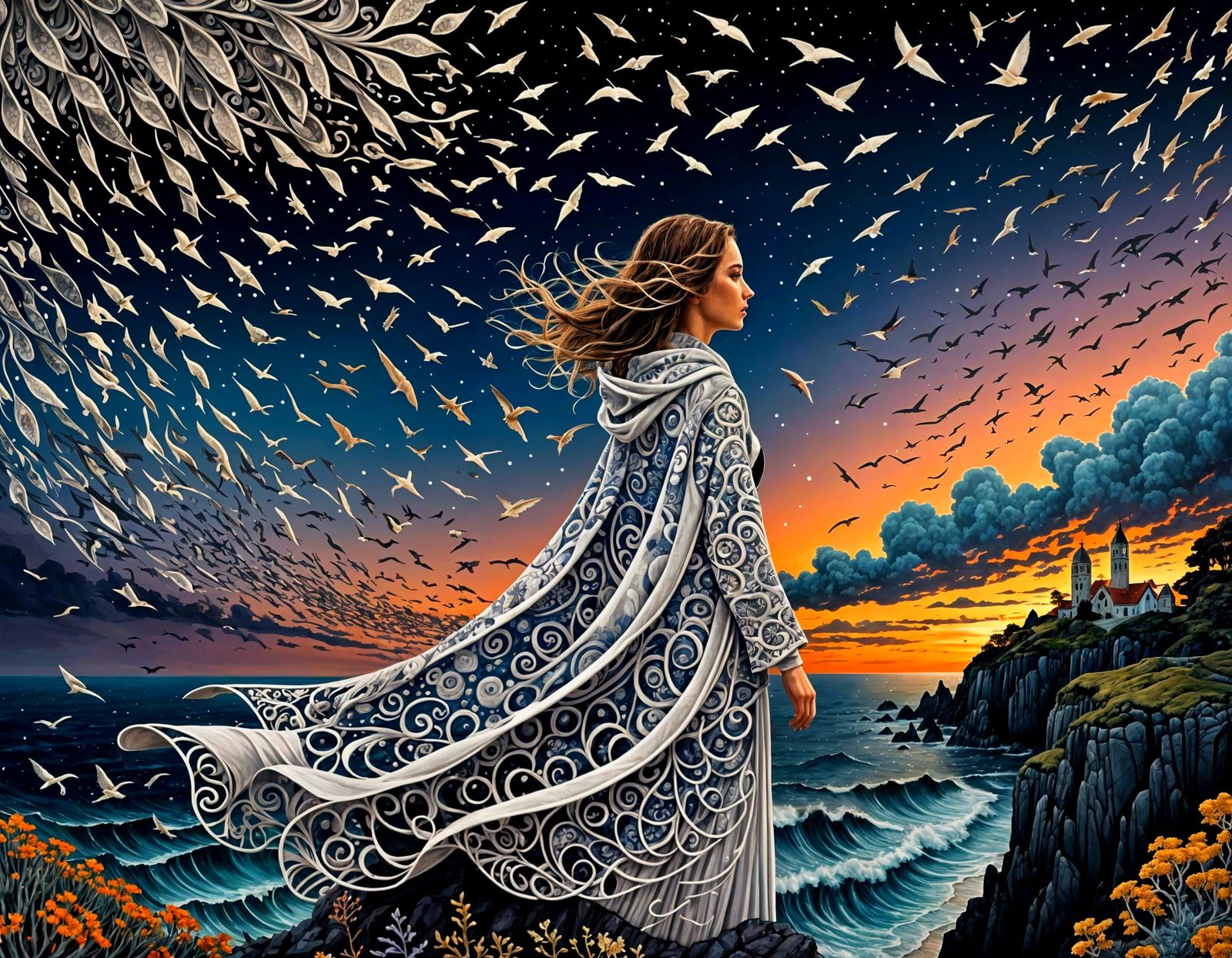 Ethereal Murmuration: Birds and Fish in Cosmic Dance