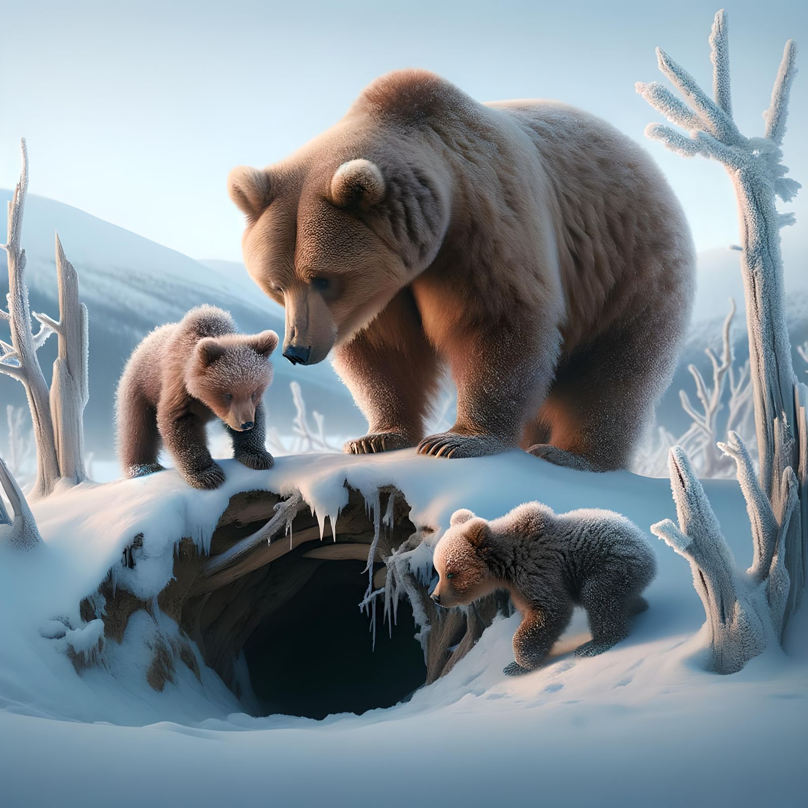 Mother Bear and Cubs Emerging from Winter Cave