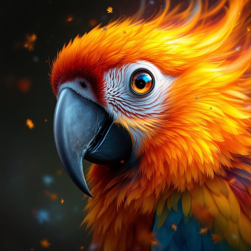 The face of a parrot made of cloudy eyes reflecting each element of nature during autumn.