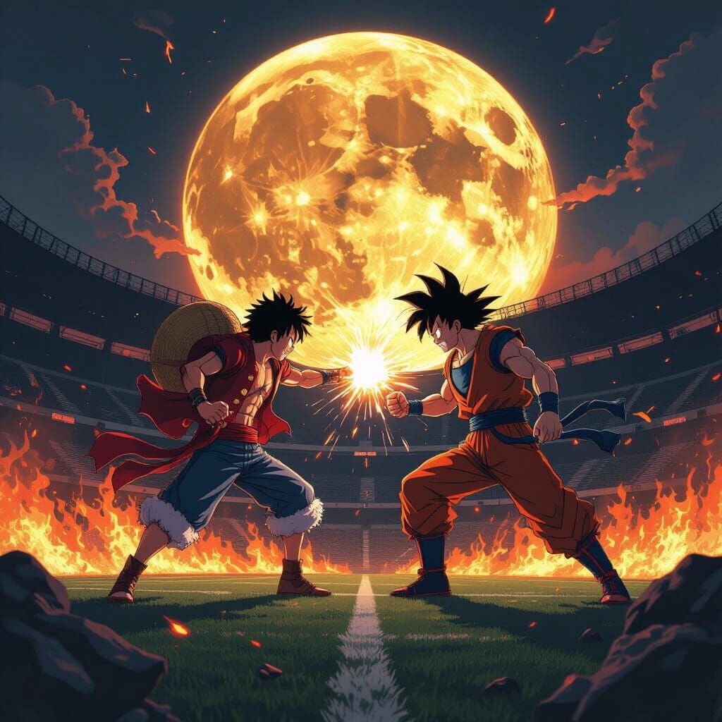 Luffy vs Goku: Futuristic Battle on a Burning Moon