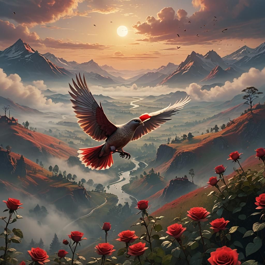Red Rose Dove Soaring Over Misty Valley