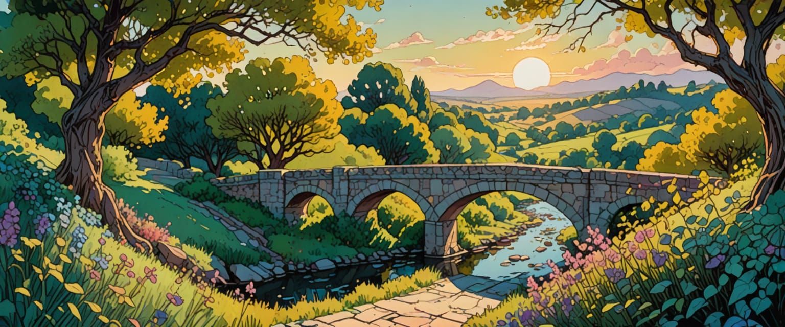 Watercolor Stone Bridge in Comic Book Style