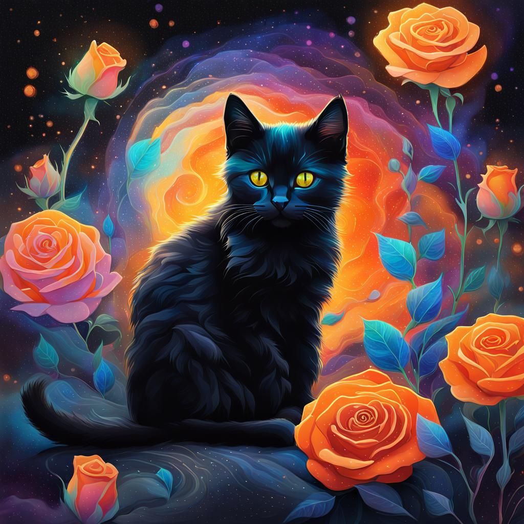 Cosmic Kitten with Roses: Mixed Media Illustration