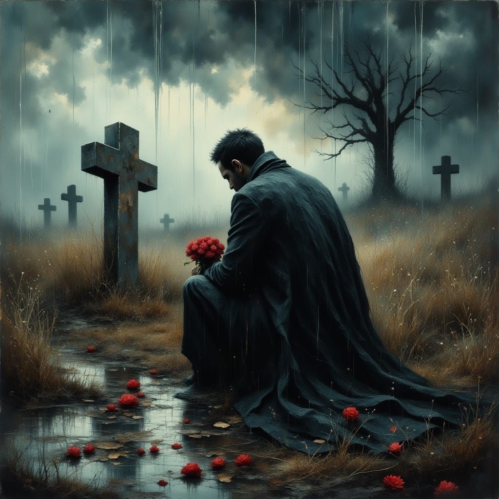 Man Kneeling at Grave in Dramatic Thunderstorm