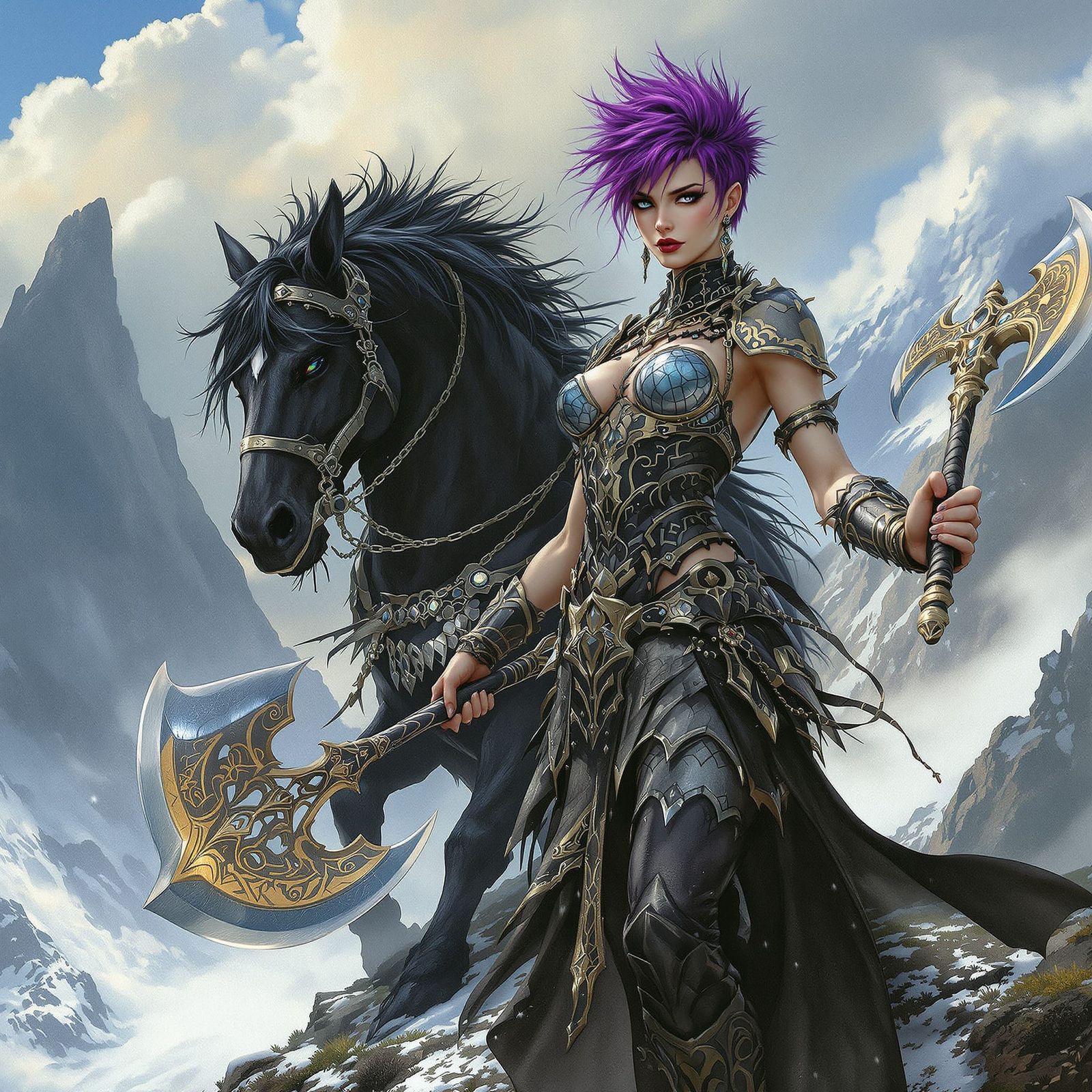 Gothic Warrior Woman on Mountaintop in Art Nouveau Style