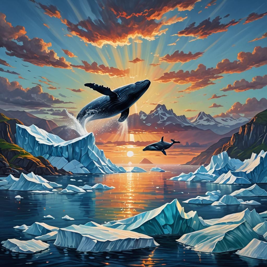 Humpback Whale Leaping Among Icebergs at Sunset