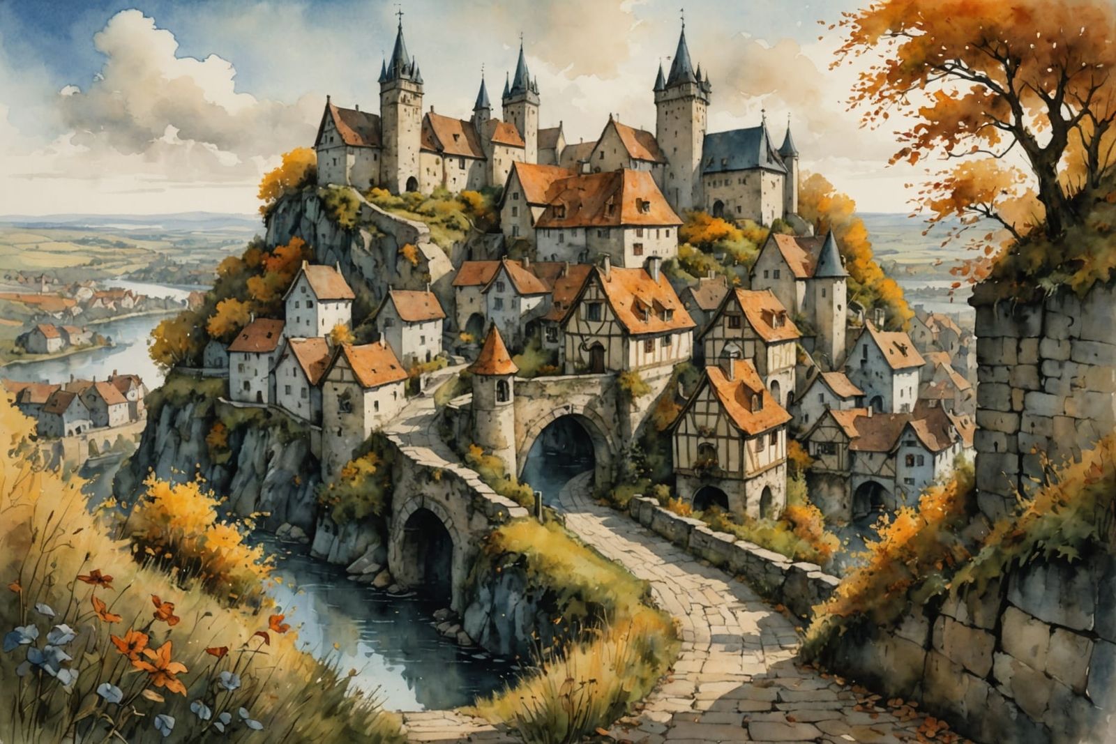 Medieval Town Watercolor Painting in Monge Style