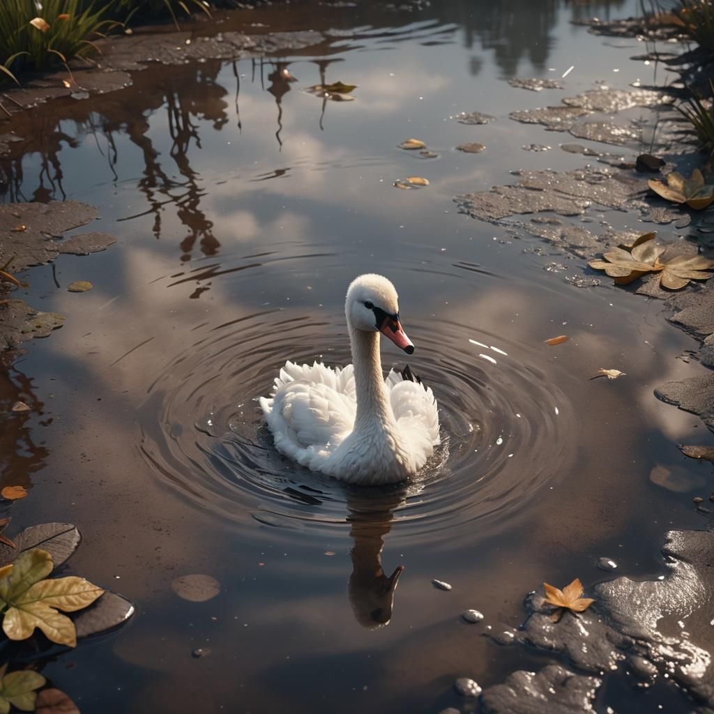 Infant Swan in Puddle: Detailed Fantasy Art