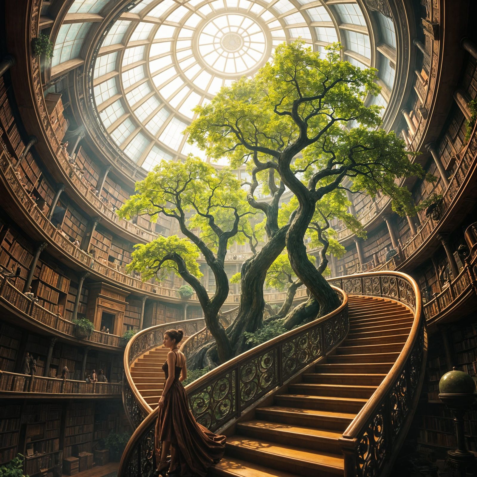 Elegant Librarian in Futuristic Spherical Library with Glass...