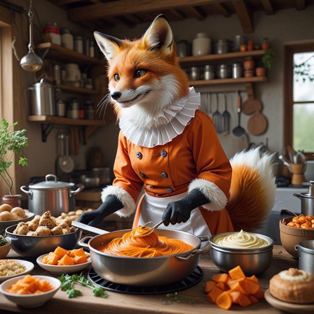 Cute Fox Woman Cooking in a Desert Oasis