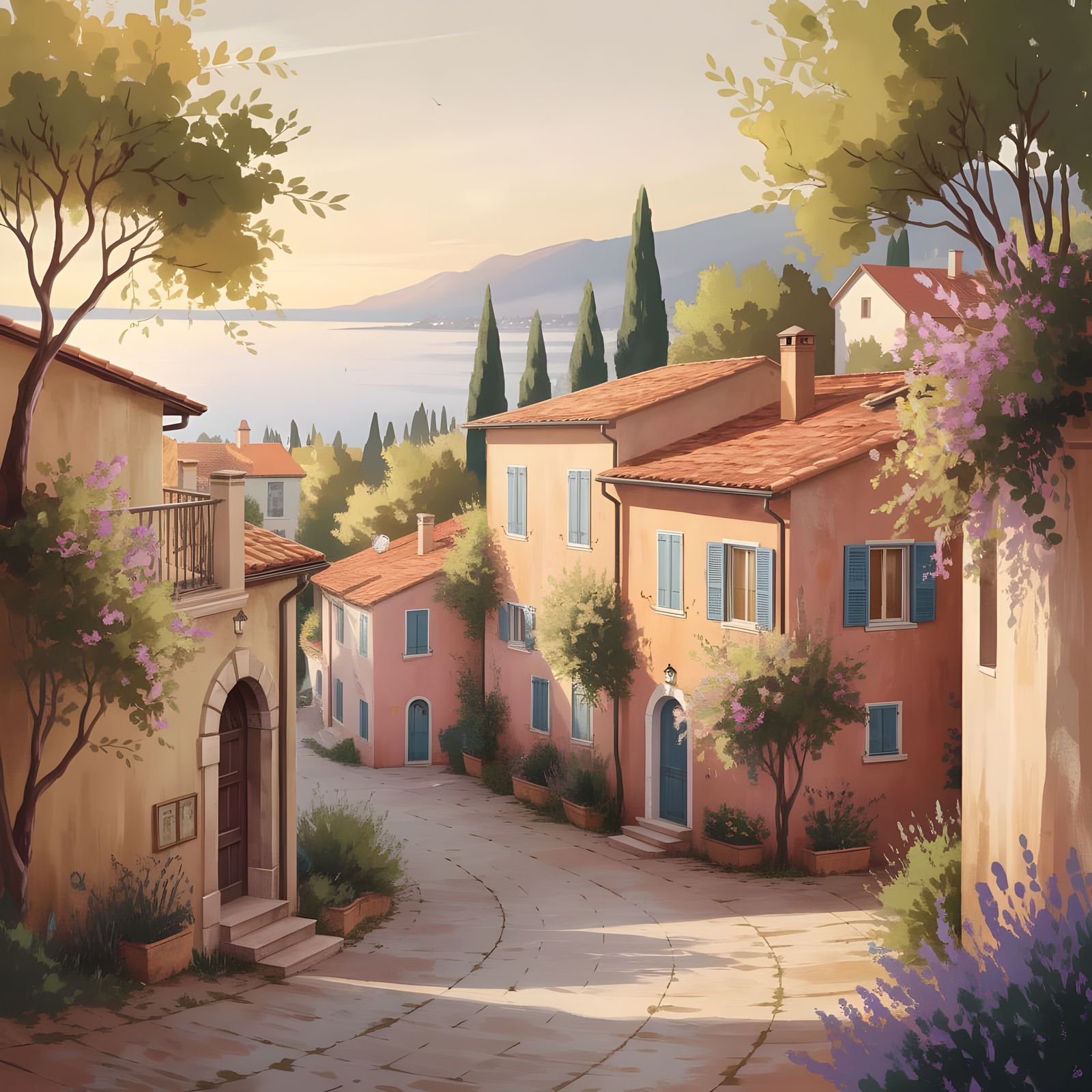 Grottammare Alta: Sunlit Watercolour Painting of Italian Vil...