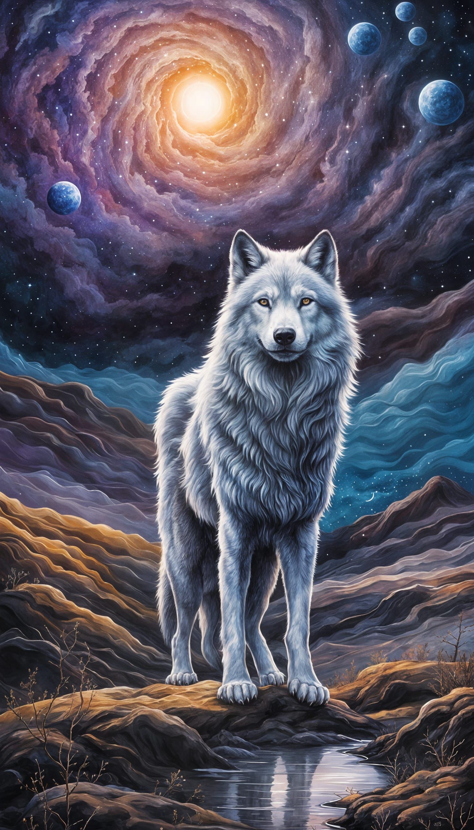 Cosmic Wolf on Dreamlike Tundra with Moon Eyes