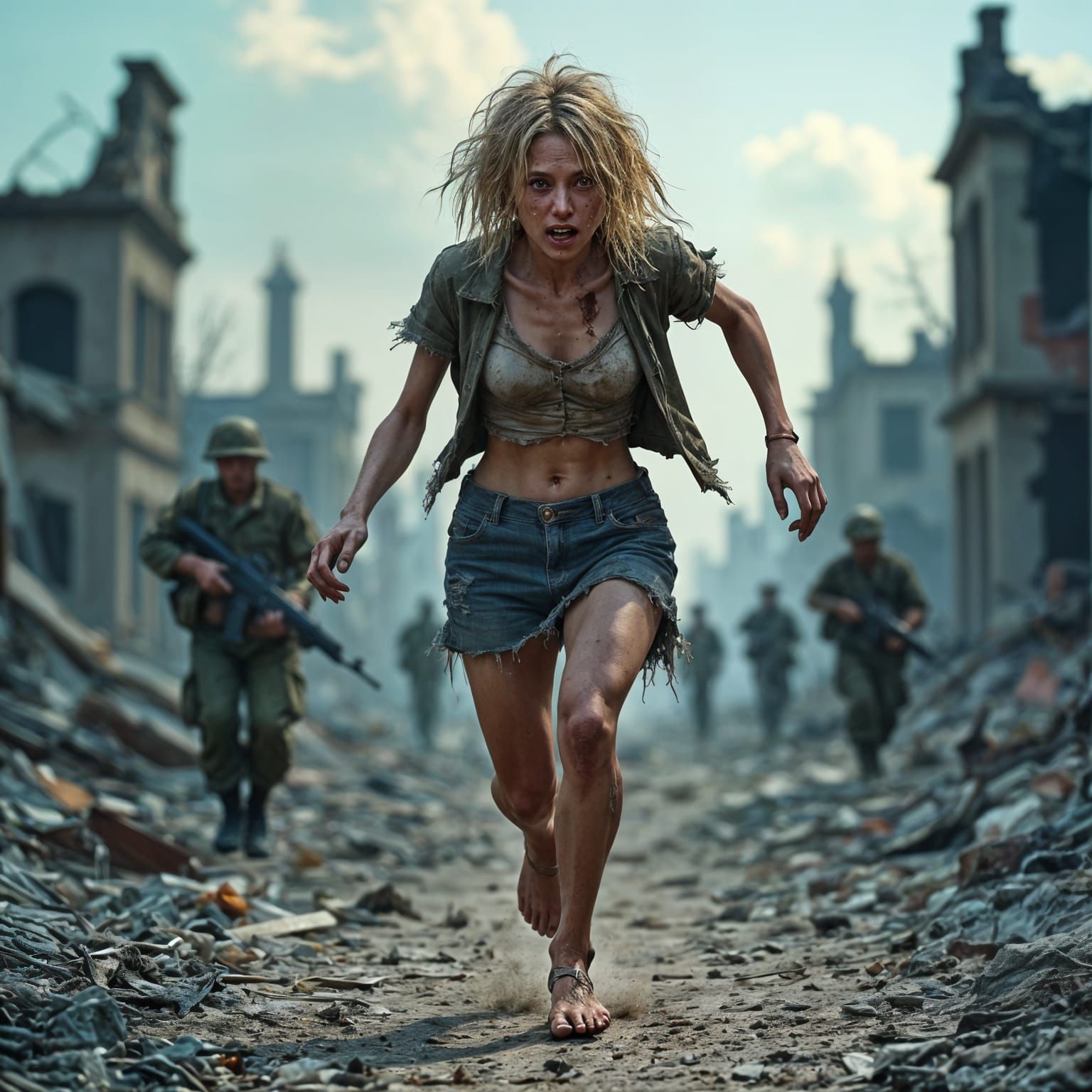 Woman Runs Through Ruins in Cinematic Realism