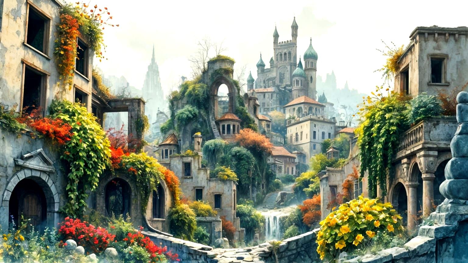 Watercolor Ruin in Whimsical Hues