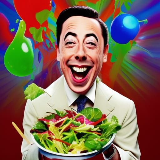 Hyperrealistic Peewee Herman Laughing and Eating Salad
