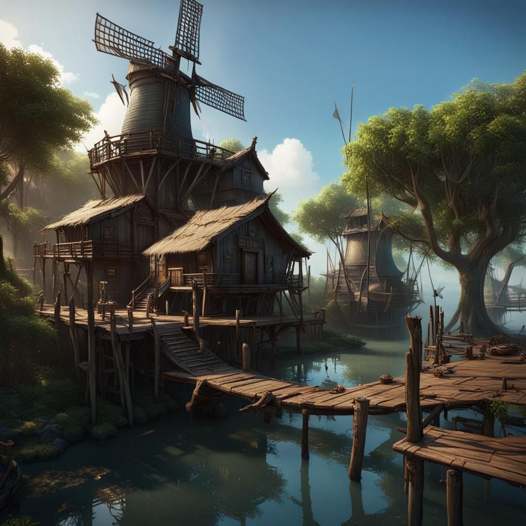 Enchanted Mangrove Village: Dark Fantasy Concept Art