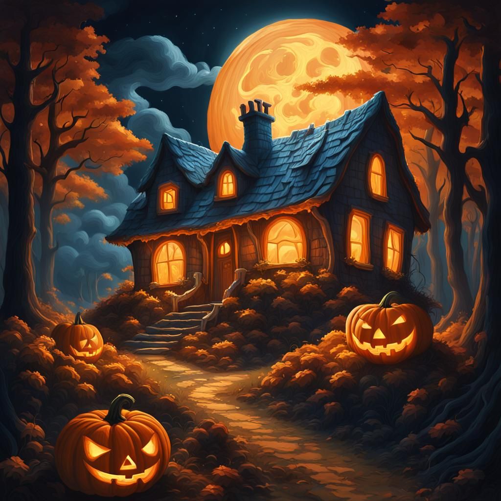 Glowing Pumpkin Cottage in Mystical Forest