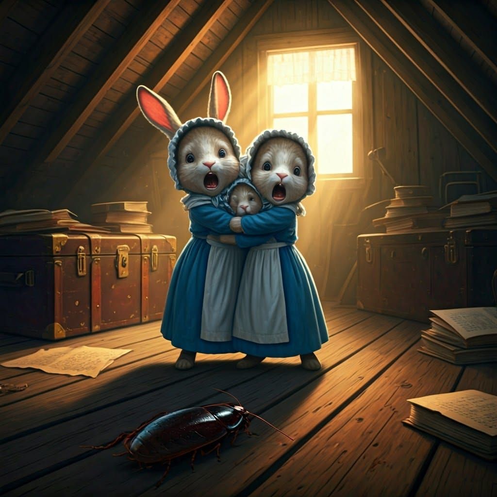 Frightened Rabbit Girls in Attic, Digital Matte Painting