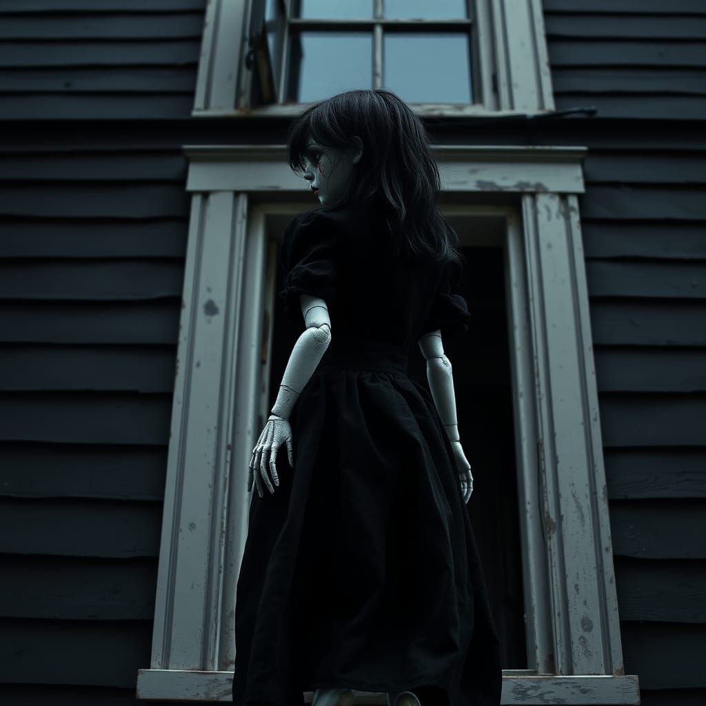 Creepy Porcelain Doll Descending from Dark House