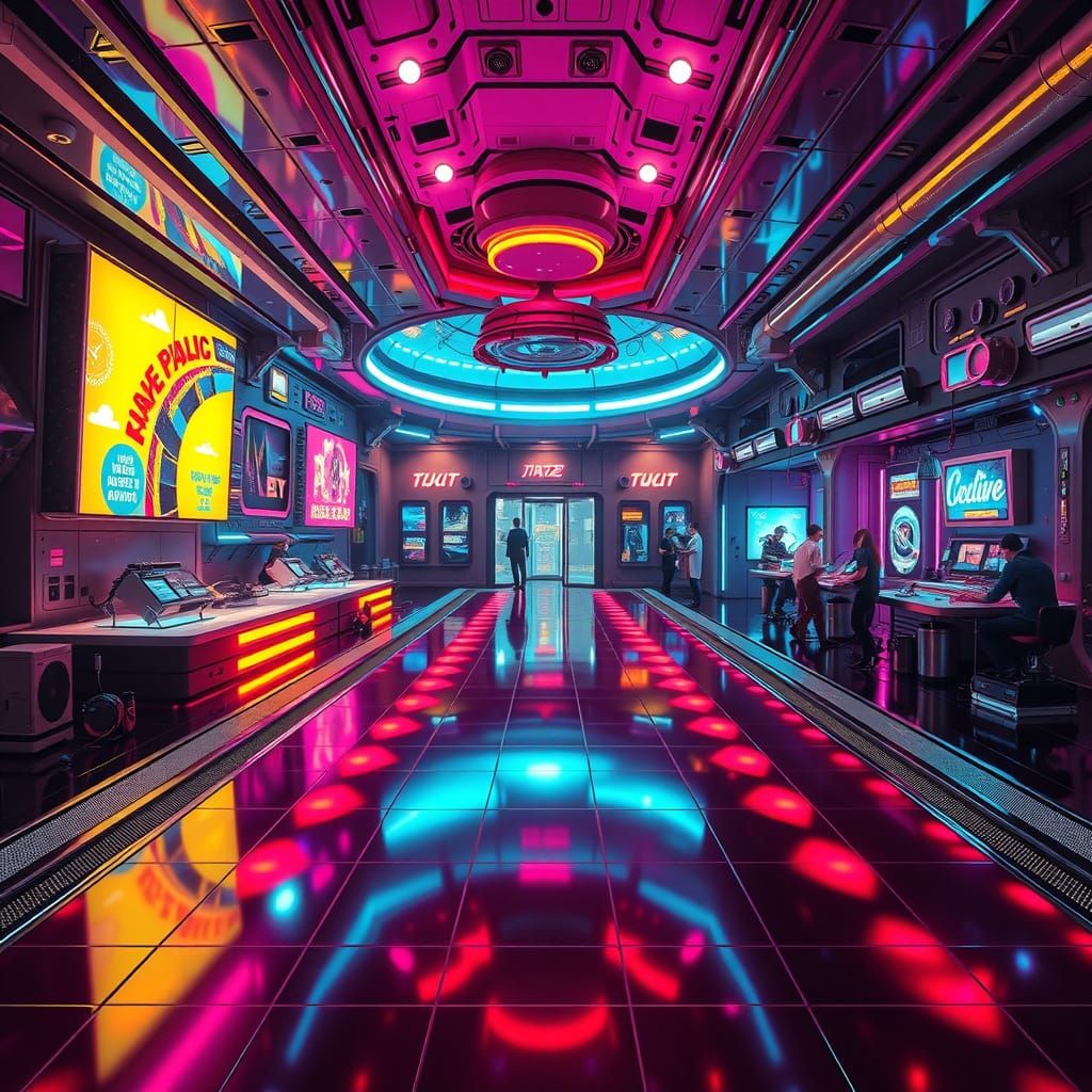 Retro-Futuristic Disco Floor in Cosmic Space Station