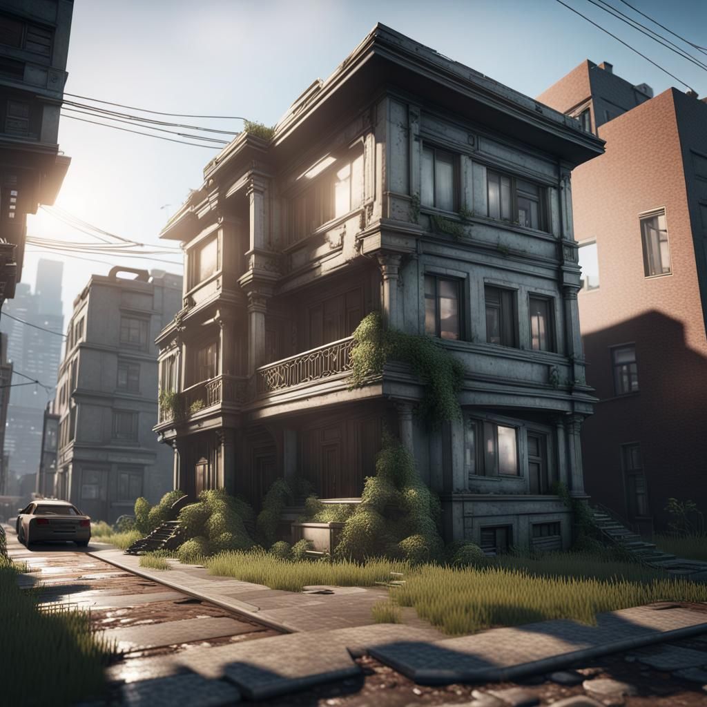 Run Down House in Modern City: 3D Render