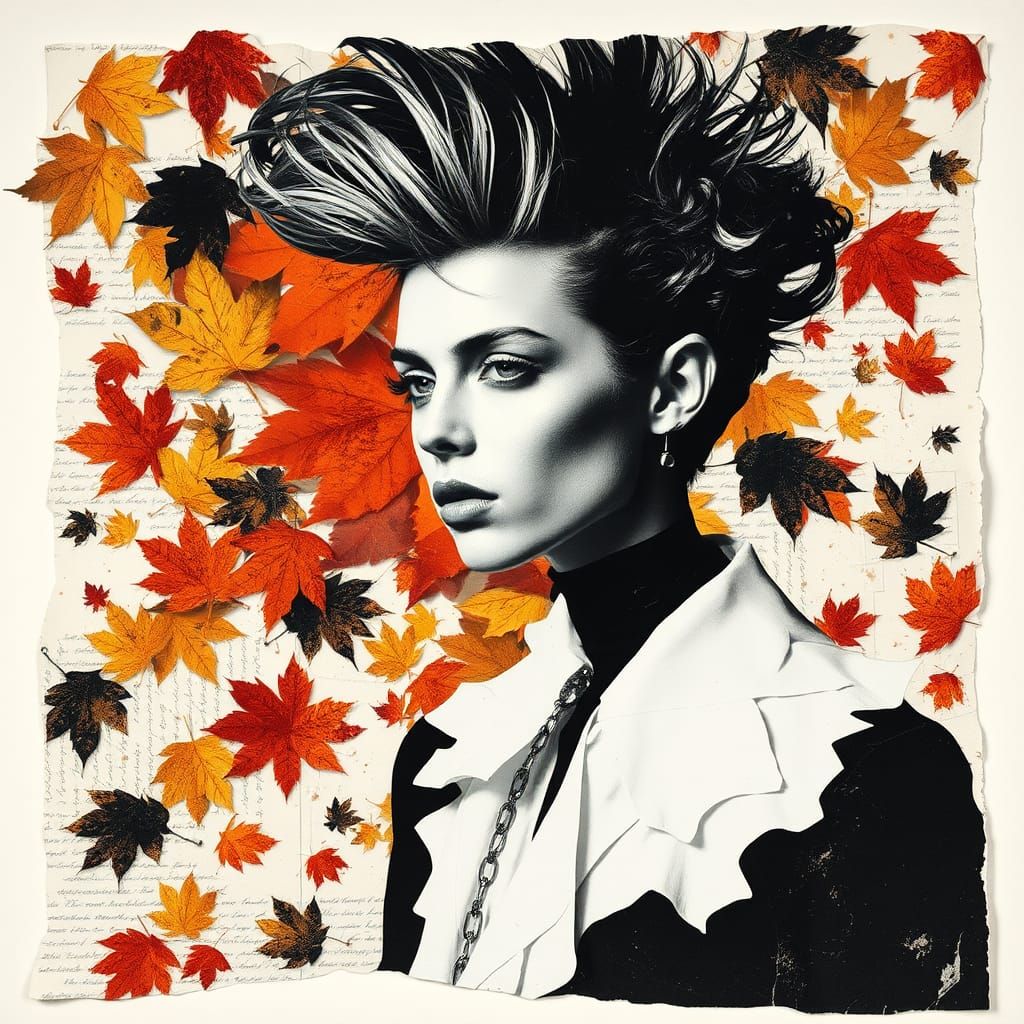 Dadaist Collage: Androgynous Figure in Autumnal Chaos