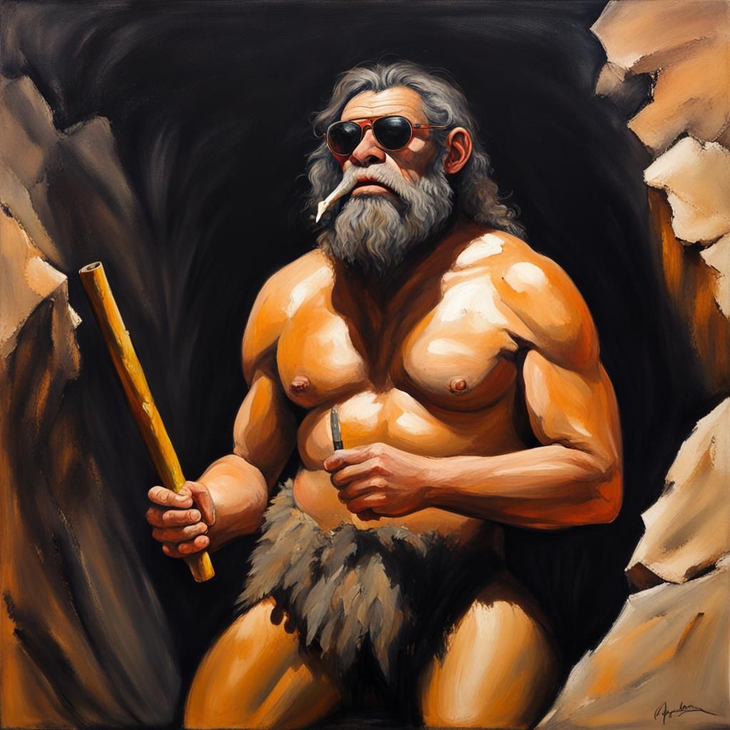 Prehistoric Caveman with Modern Twist as Oil Painting