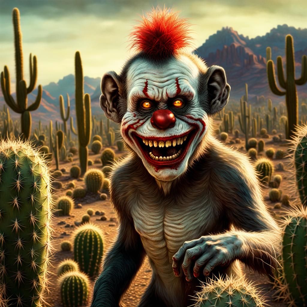 Zombie Monkey Clown Horror Scene in Engraving Style