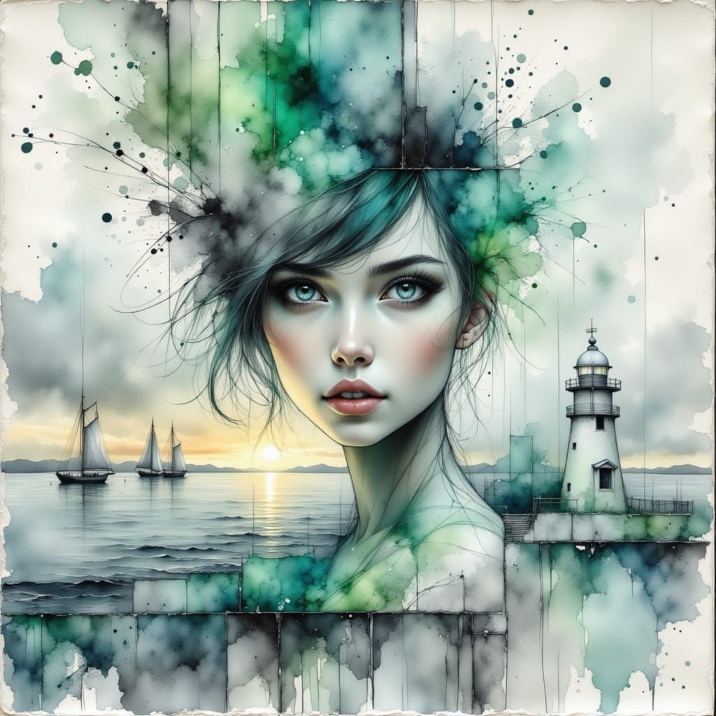 Anime Woman Inside Lightbulb with Lighthouse Seascape