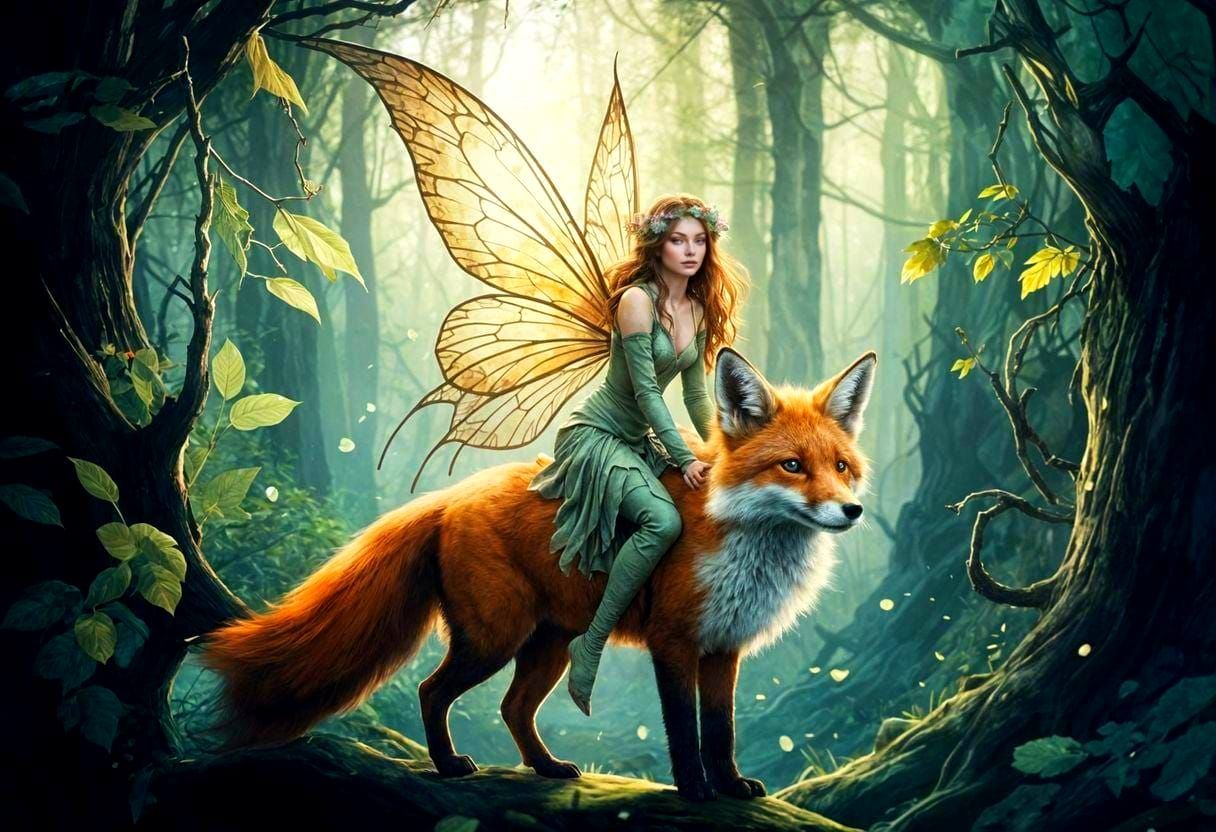 Enchanted Fairy Rides Fox: Watercolor Illustration