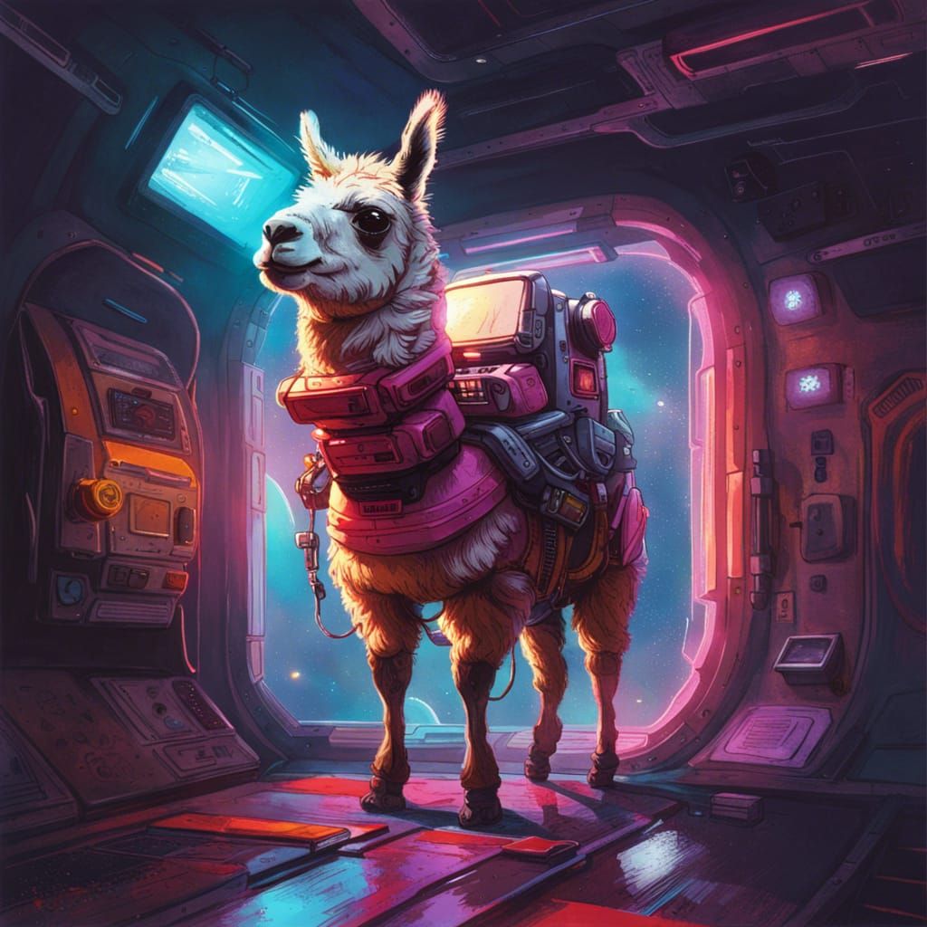 Atompunk Llama Astronaut in Retro-Futuristic Space