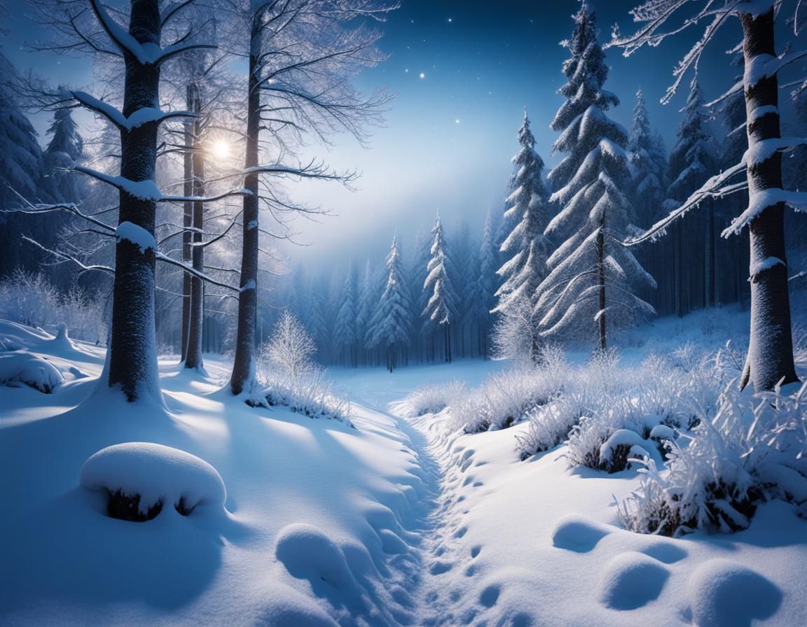 Ethereal Winter Forest Clearing in Moonlight