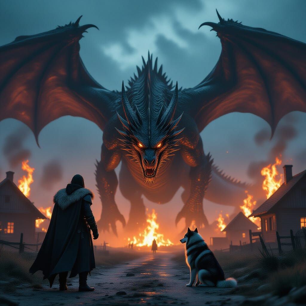 Rogue and Husky Face Ancient Dragon Over Burning Village