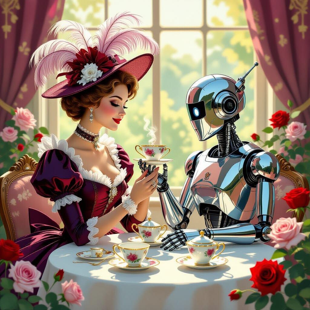 Victorian Lady Tea with Robot in Mid-Century Style
