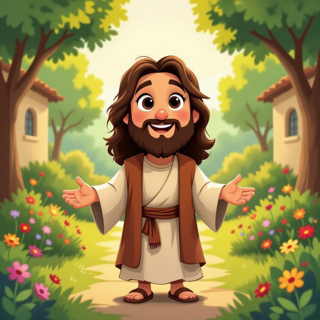 Cute Jesus in a Serene Garden, Pastel Tones