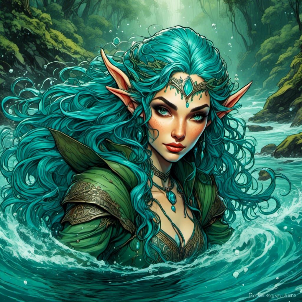 Elven Sorceress Swimming in Deep River, Fantasy Art