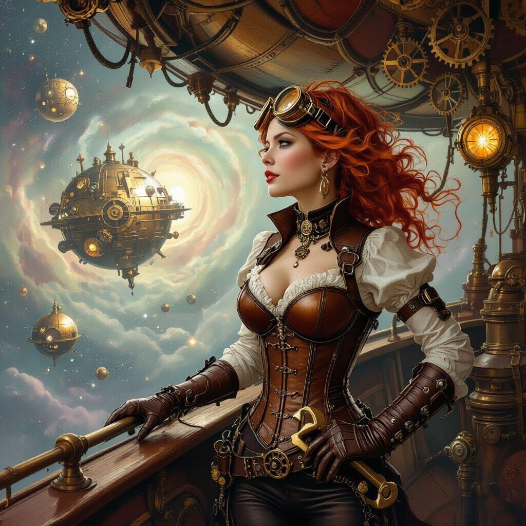 Steampunk Airship Captain Gazes at Clockwork Nebula