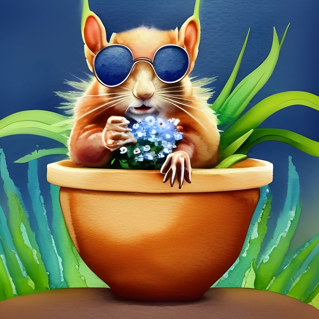 Cute Squirrel in Flowers, Watercolor Splash Art