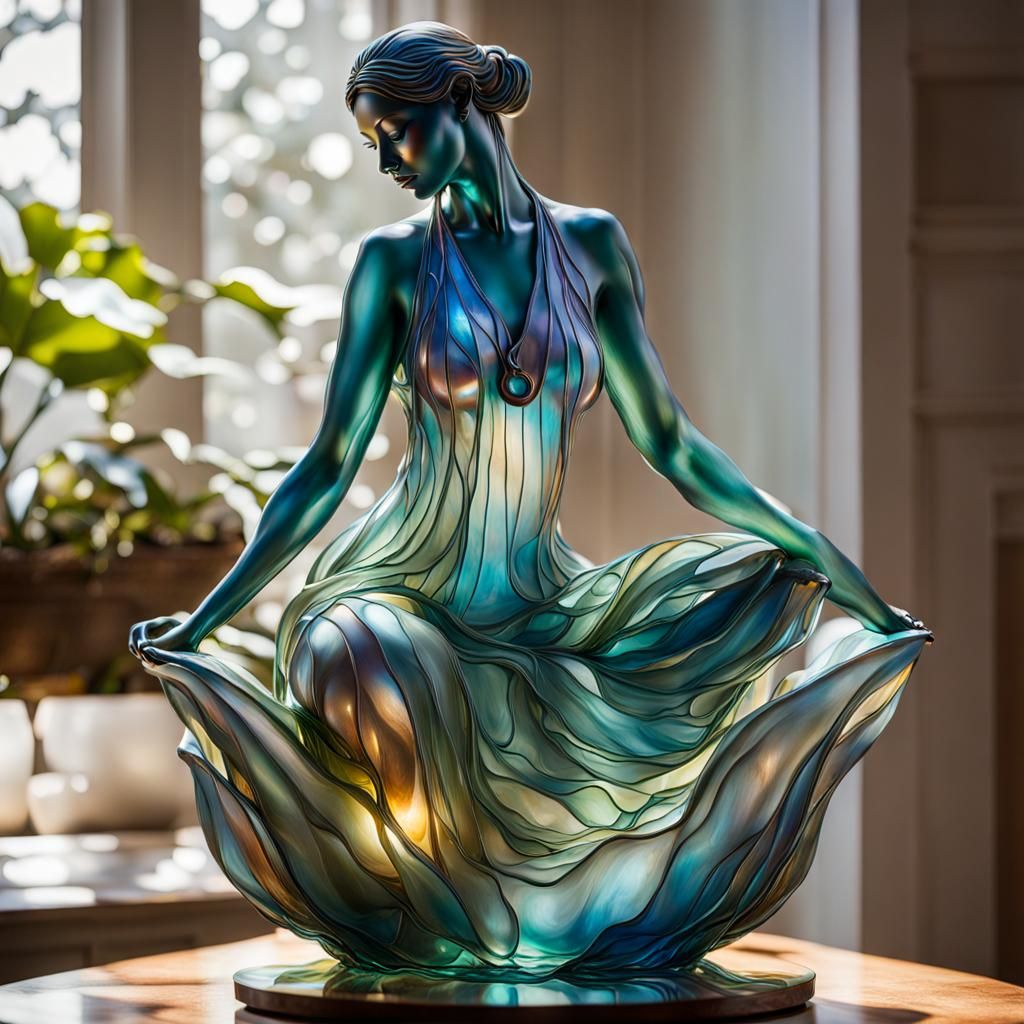 Art Nouveau Glass Woman Sculpture in Lotus Pose