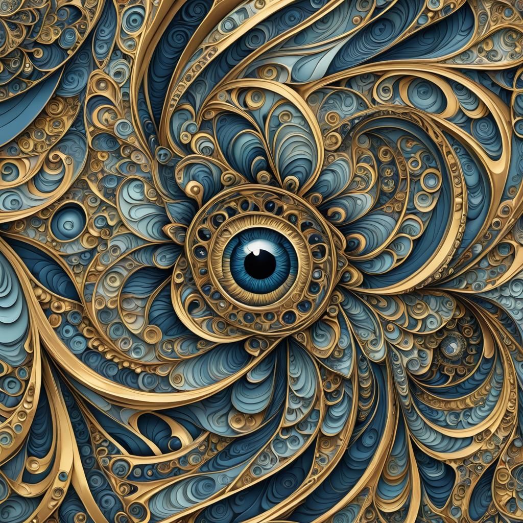 Abstract Blue and Gold Storm Eye Fractal