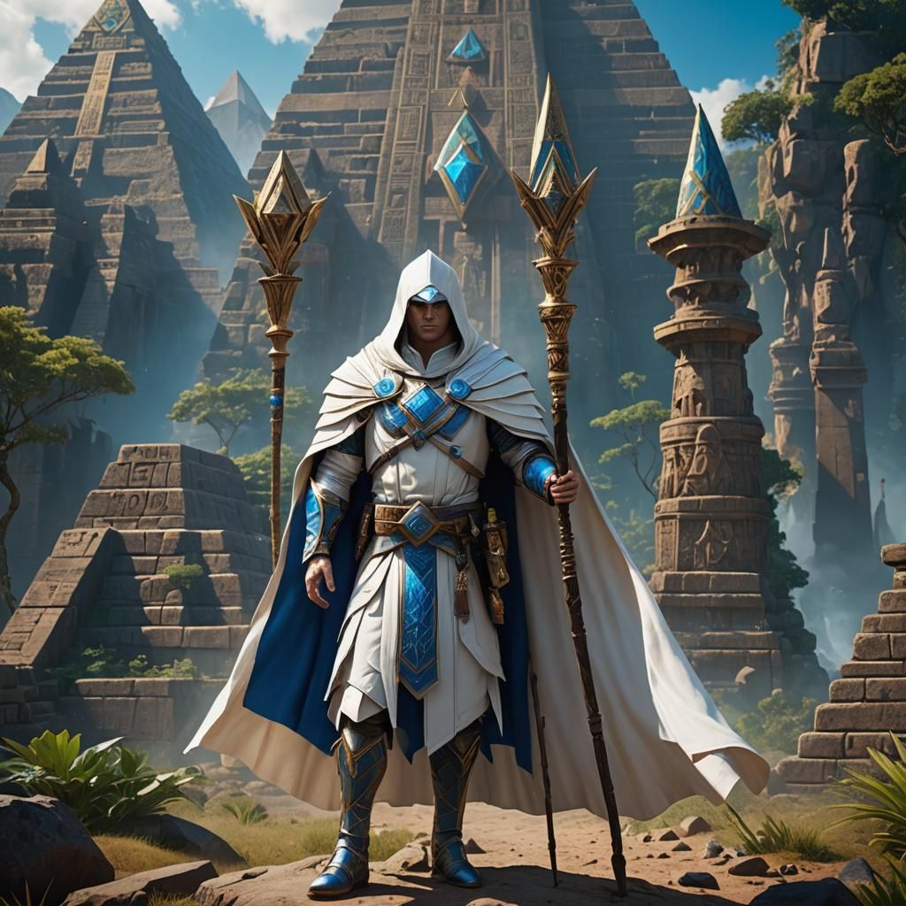White Man with Staff in Pyramid Forest, Detailed Digital Art