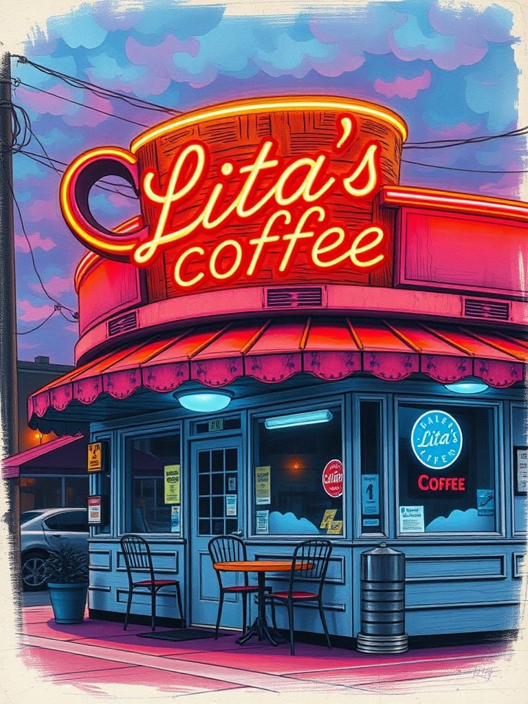 Neon Diner at Dusk in Giger Style