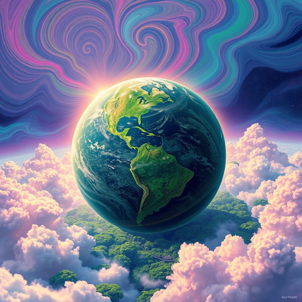 Psychedelic Earth with Lush Forests and Neon Clouds