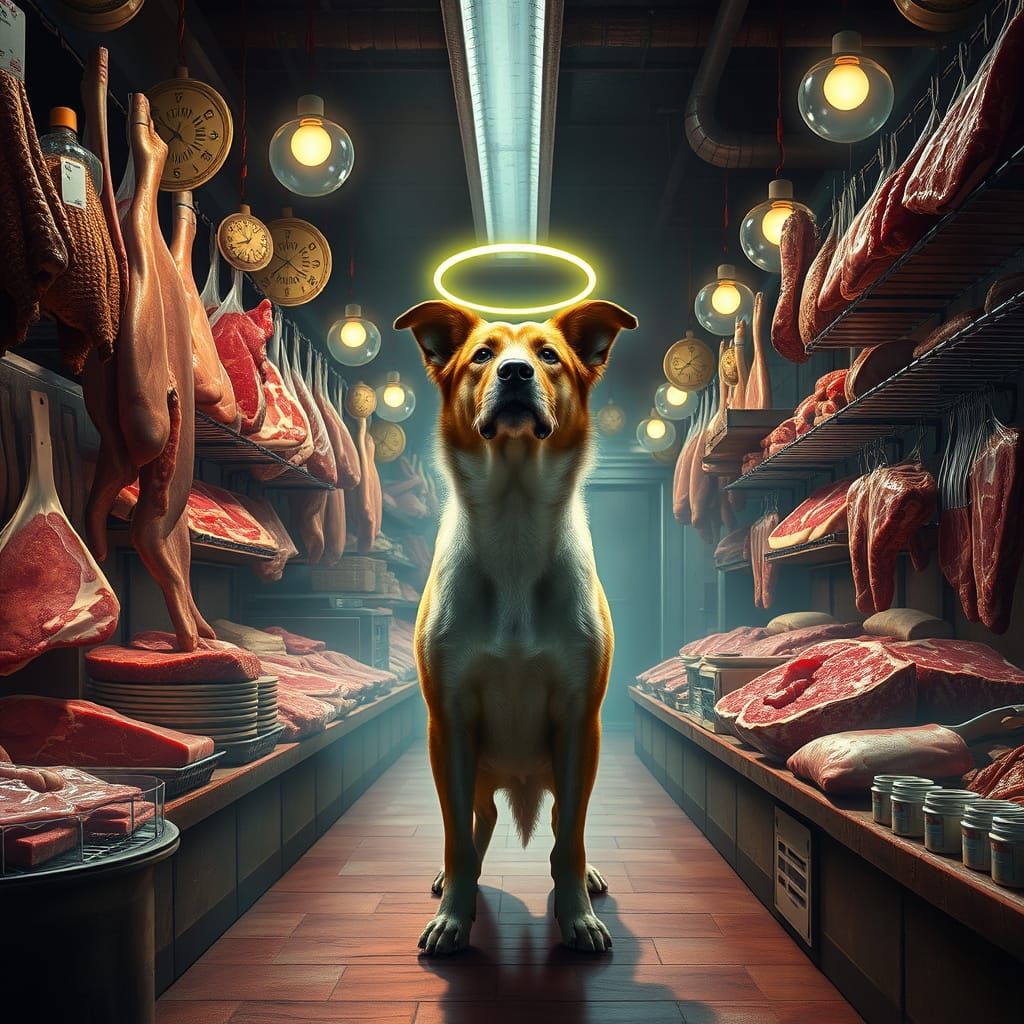 Dog in Heavenly Butcher Shop
