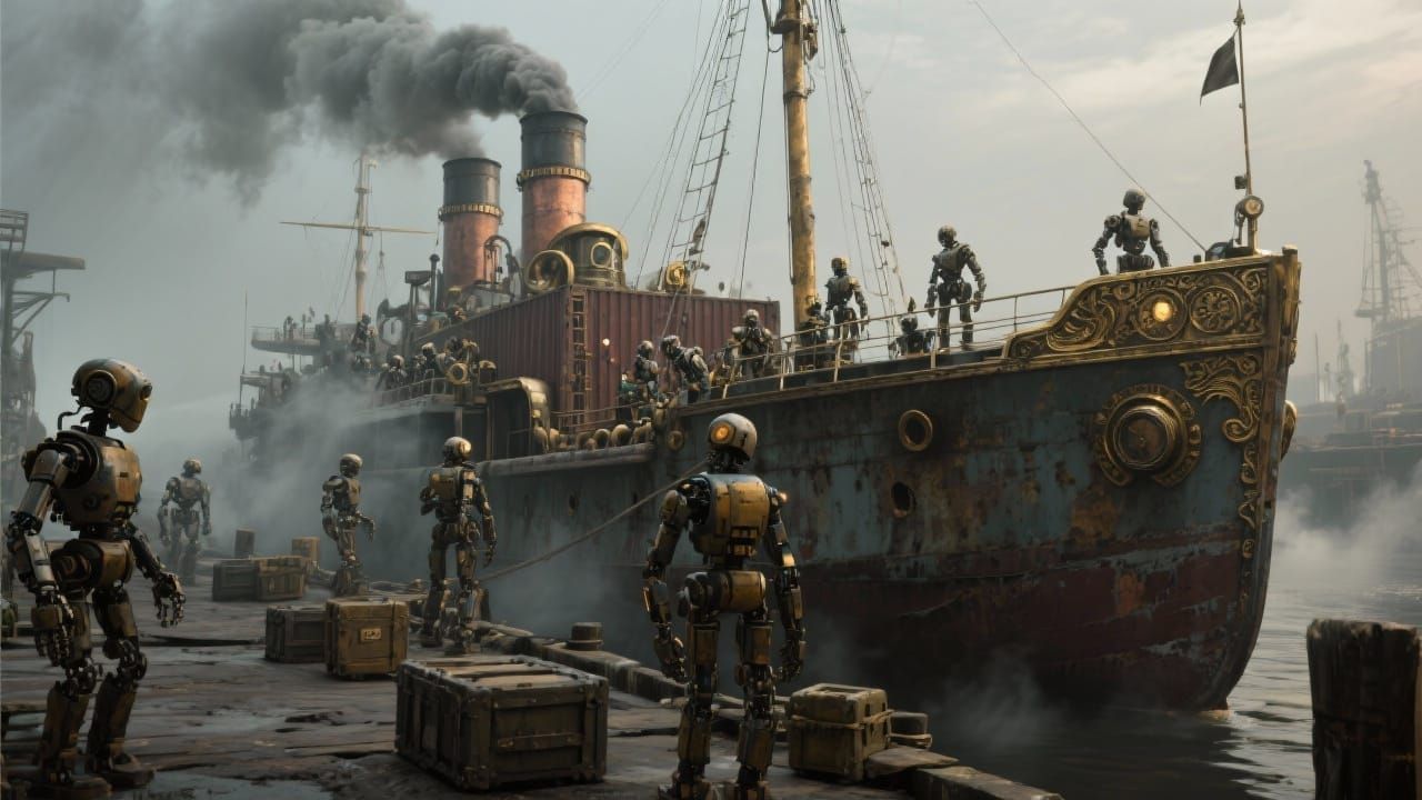 Steampunk Cargo Ship Arrives in Smoky Harbor with Robots