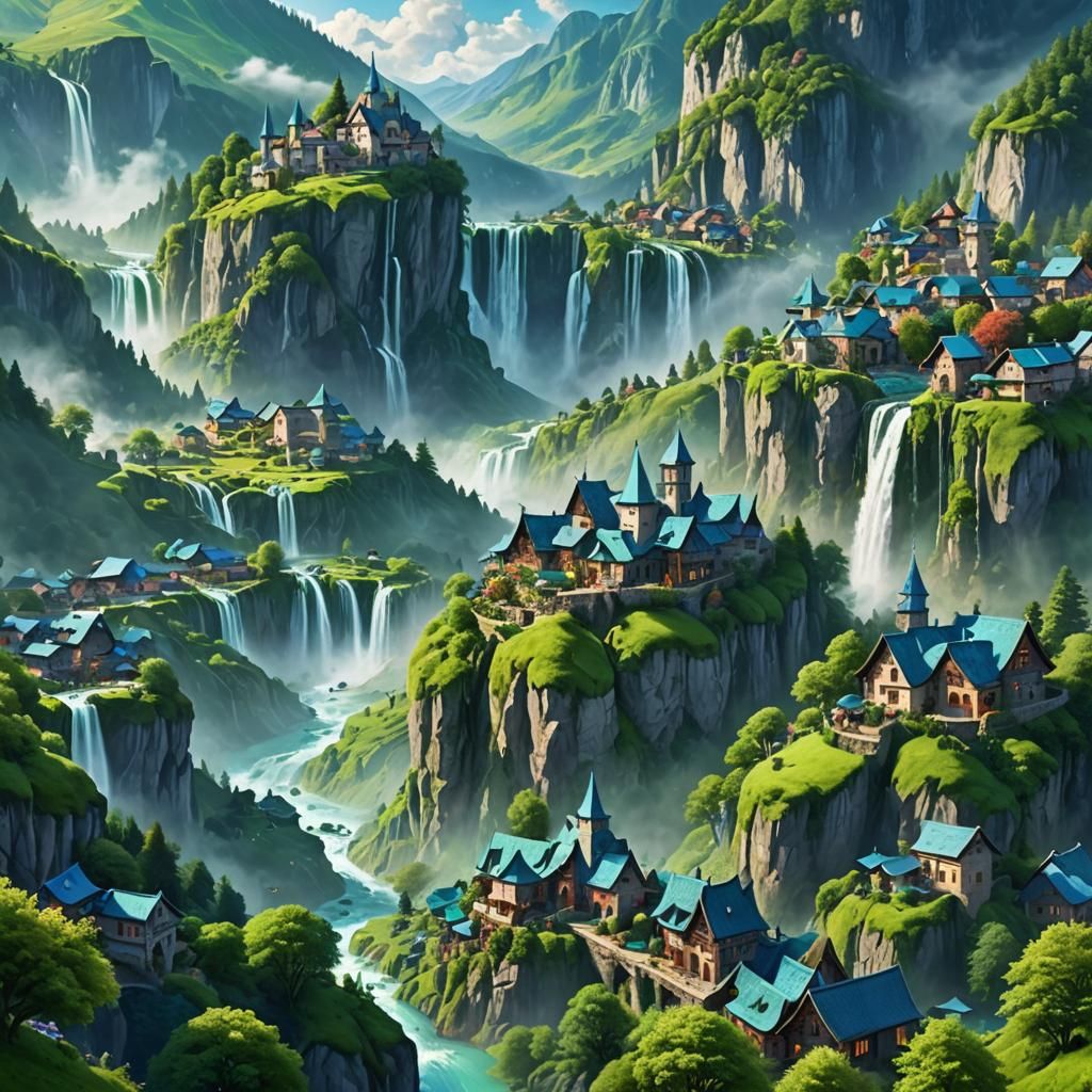 Mystical Mountain Village in Surreal Landscape