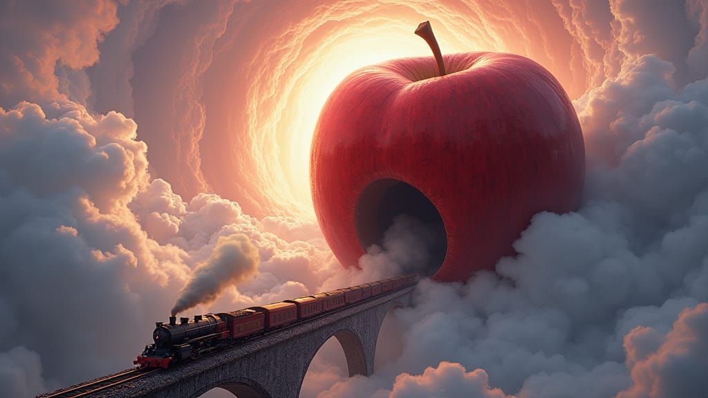 Hyperrealistic Apple in Vortex Clouds with Steaming Locomoti...