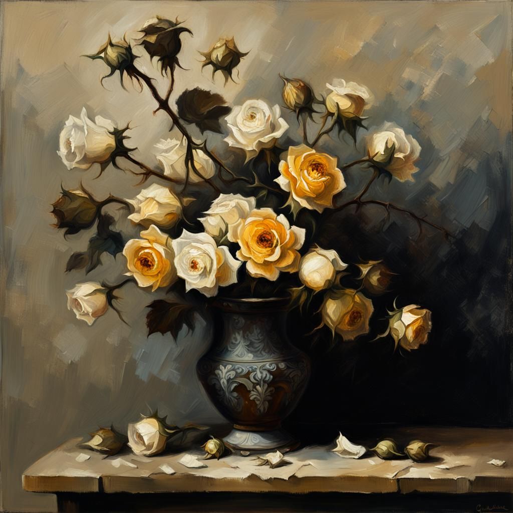 Realist Still Life: Decayed Roses in Oil